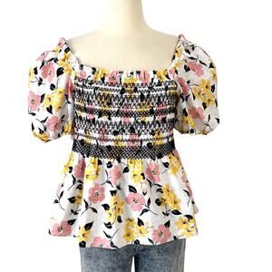 Kate Spade Lily Blooms Puff Short-Sleeve Smocked Top Blouse Square Neck Multi L